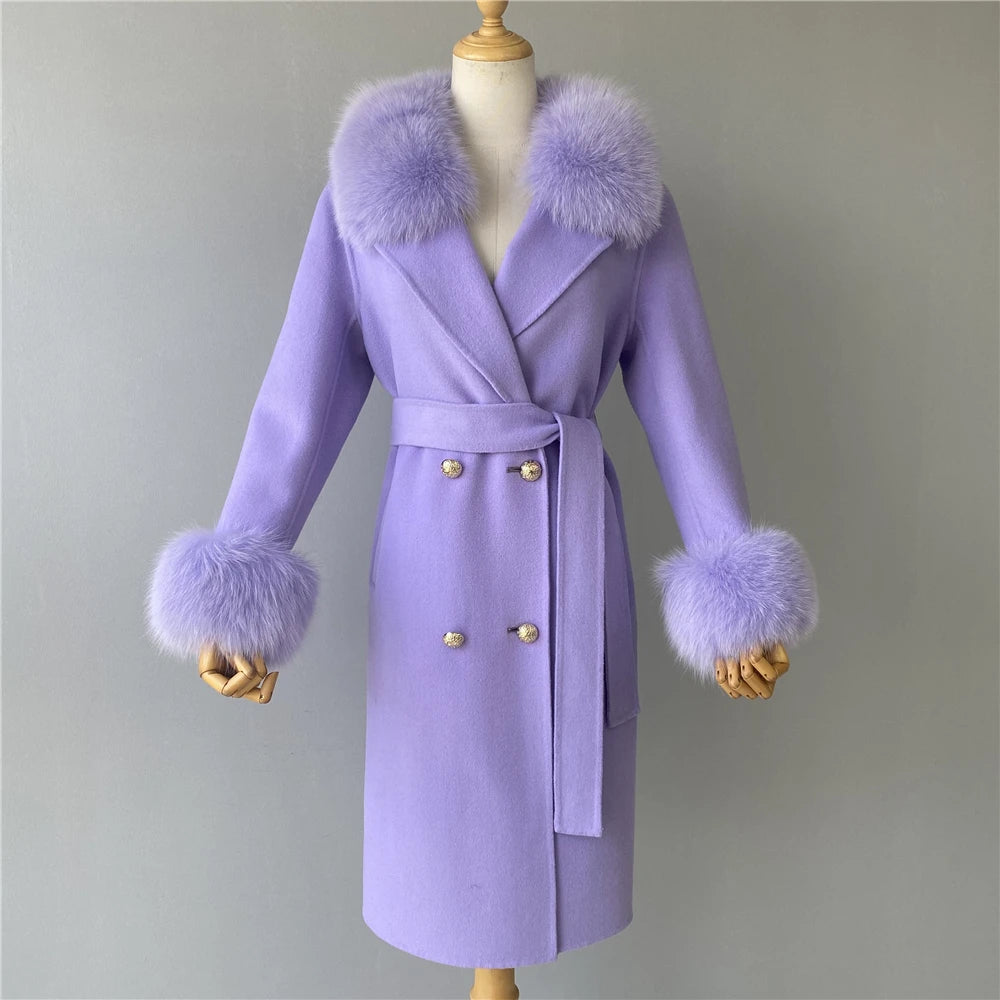 Jxwatcher Cashmere Lã Casaco Primavera Real Fox Colarinho Casaco de Lã de Trincheira Mulheres Inverno Casaco Quente Venda Longo Estilo Casacos de Lã