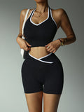 Gym Exercise Set For Women 2pcs Set Yoga Suit Black And White Patchwork Fashionable Halter Top High-Waisted Breathable Shorts