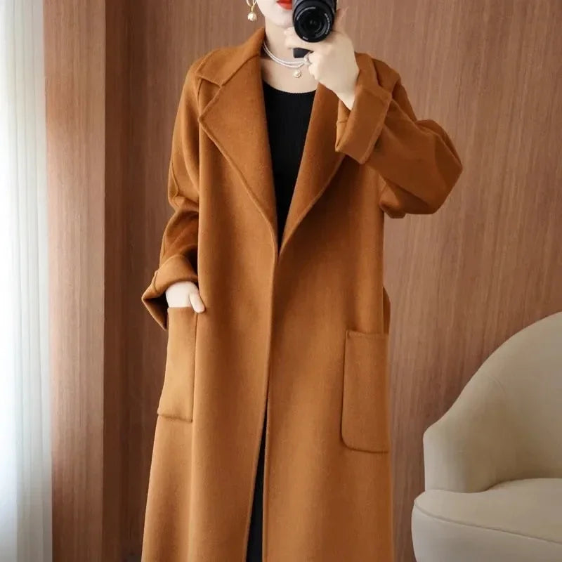 Sobretudo 100% Lã Feminino 2026 Moda Outono/Inverno Temperamento Casacos de Cashmere Dupla Face com Cinto Sobretudo Longo Elegante
