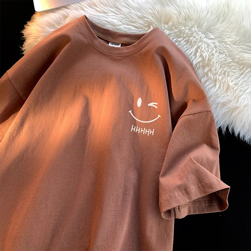 Men Womens Smiling Face Funny Fashion Couple Short Sleeved T Shirt American Basic Simple Oversized Loose Boys Pullover Top - Apricot L