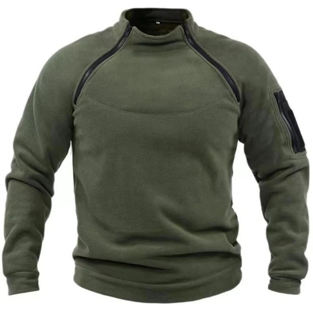 Moletom Masculino de Lã Polar com Zíper, Gola Alta, Manga Longa, Cor Sólida, Casual, Quente, Respirável, Tático para Ambientes Externos