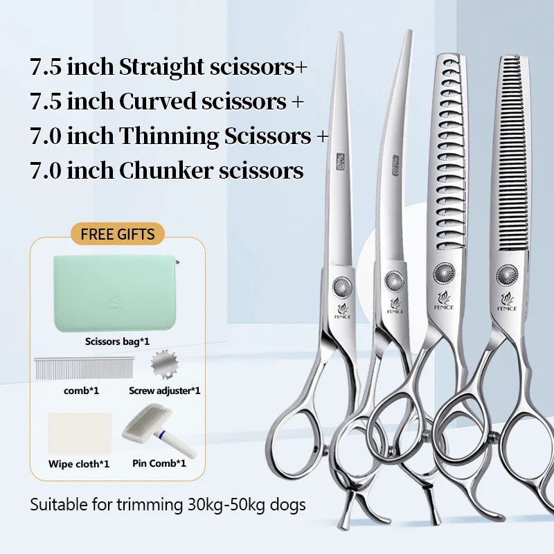 Conjunto Profissional de Tosas Domésticas para Animais de Estimação Fenice Tesouras Retas Curvas de Desbaste e Tosa de 6/6,5/7/7,5 Polegadas com Parafuso de Rolamento para Cães/Gatos