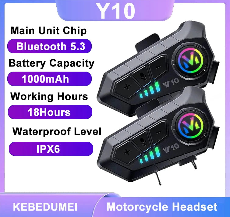 Y10 Fone de Ouvido Bluetooth 5.3 para Capacete de Moto com Luzes Coloridas Fone de Ouvido Sem Fio Impermeável Fone de Ouvido Mãos-Livres Impermeável