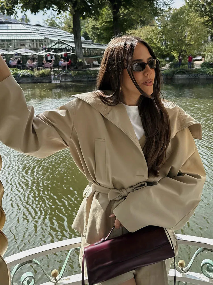 Hh Moda Feminina Verão Ternos Sólidos Gola Dobrável Mangas Compridas Amarrar Jaquetas Transpassadas Cintura Alta Zíper Shorts 1 - jaqueta caqui P