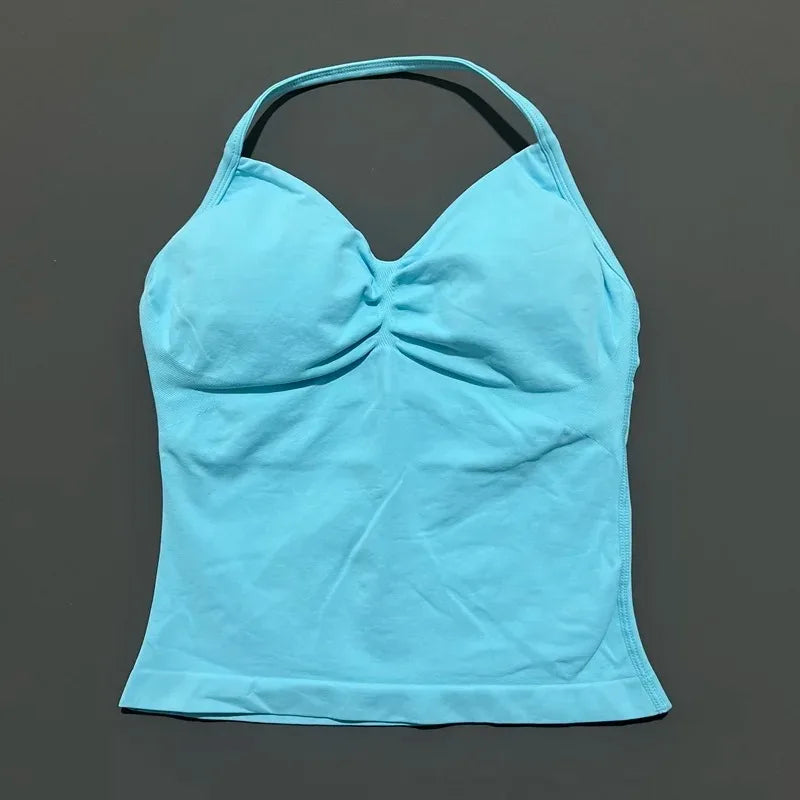 Conjuntos de Academia Femininos 2 Peças Impacto Sem Costura Fitness Yoga Roupa Esportiva Halter Top Shorts Roupa de Treino Corrida Roupa de Academia