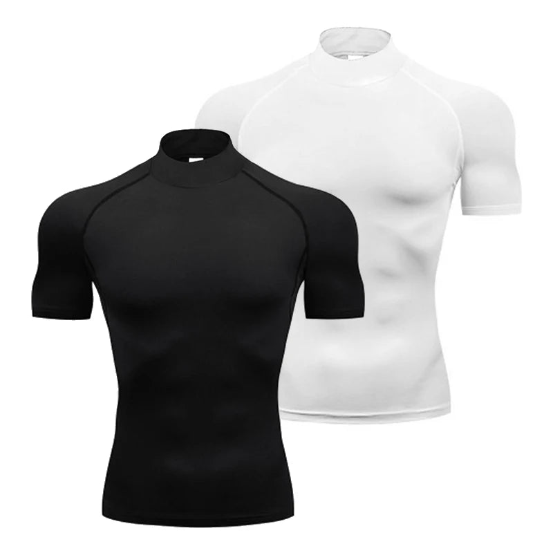 Camisetas Masculinas de Compressão Simples para Corrida de Verão Gola Alta Elásticas de Secagem Rápida Esportivas Atlético de Ginástica Camisa de Manga Curta
