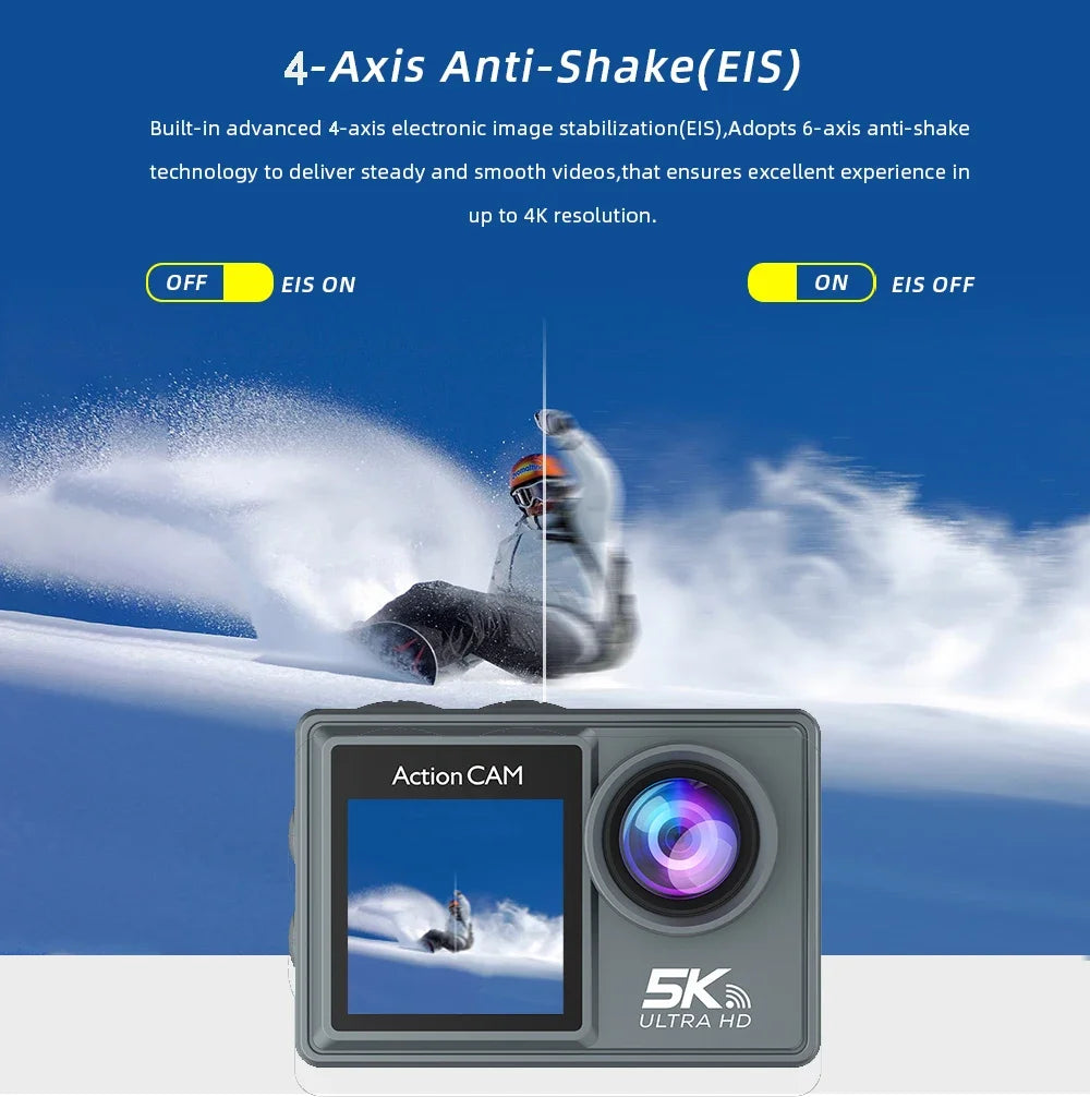 Câmera de Ação 5K Pro Câmera Esportiva com Wi-Fi, EIS e Controle Remoto HD 1080P 60FPS para Bicicleta Motocicleta Capacete e Gravação de Vídeo