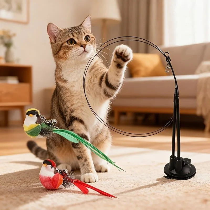 Brinquedo Interativo Varinha para Gato com Cabeça de Pássaro de Simulação, Varinha de Provocação para Gatos com Fio de Aço Destacável Substituível, Alivia o Tédio e Garante a Diversão do Gato