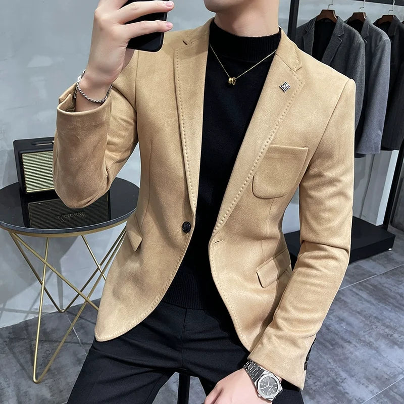 Jaqueta Masculina De Couro de Cervo com Forro de Lã Terno Blazer Masculino Negócios Casual Slim Fit Marca Moda Alta Qualidade Terno de Um Botão
