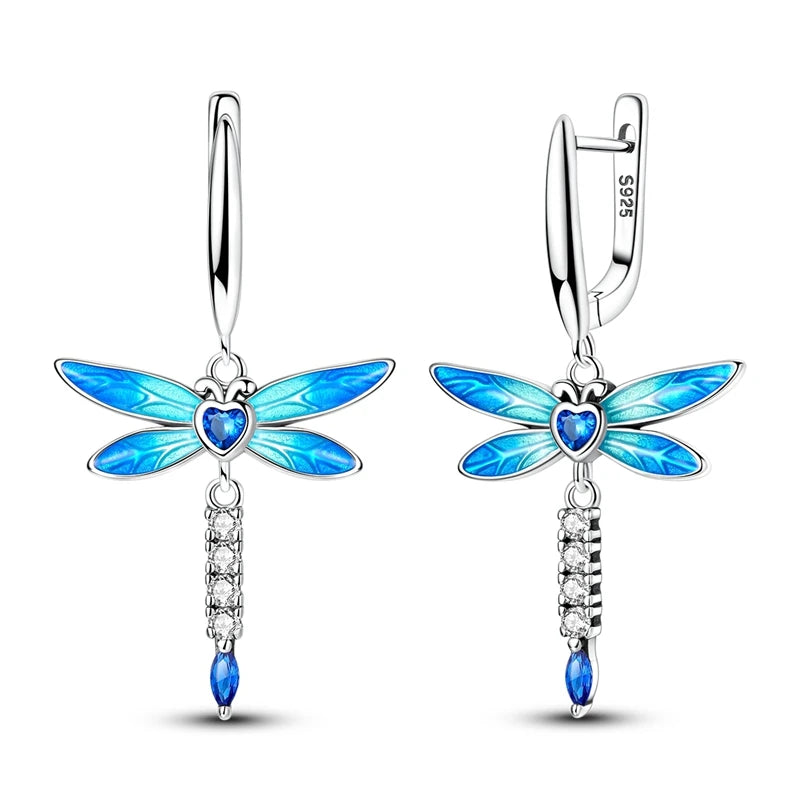 Lucky Clover Earrings 925 Silver Original Zircon Butterfly Dragonfly Chameleons Bee Flower Earrings For Women Jewelry Gift