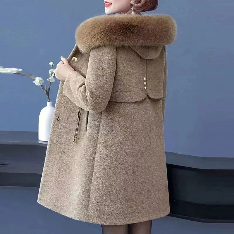 Casaco Feminino de Lã de Alto Nível Jaqueta Longa de Inverno Feminina Imitação de Vison Grossa Casacos de Lã Quentes Sobretudo de Lã para Mãe