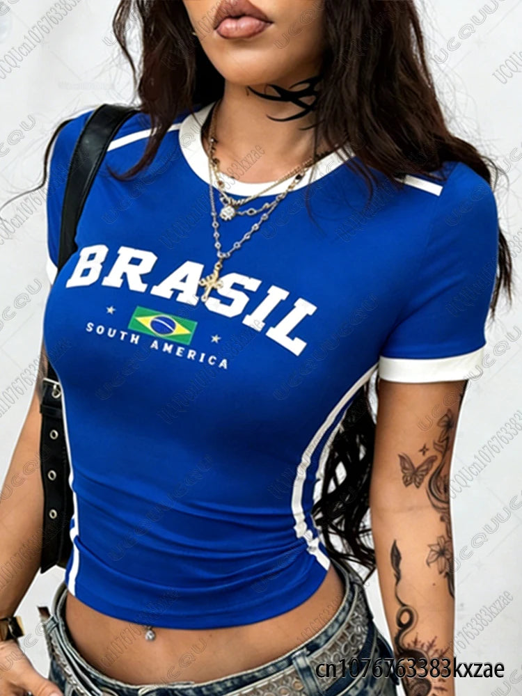 Blusa Cropped Estética Artística BRASIL com Estampa de Letras para Mulheres Vintage Street Sexy Manga Curta Camisetas Estudantis Verão Cropped Top Roupas Y2k