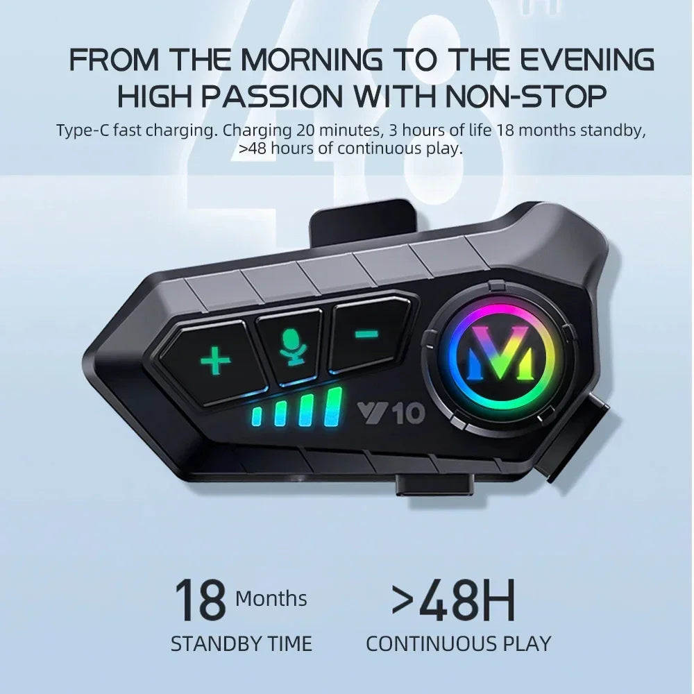 Y10 Fone de Ouvido Bluetooth 5.3 para Capacete de Moto com Luzes Coloridas Fone de Ouvido Sem Fio Impermeável Fone de Ouvido Mãos-Livres Impermeável