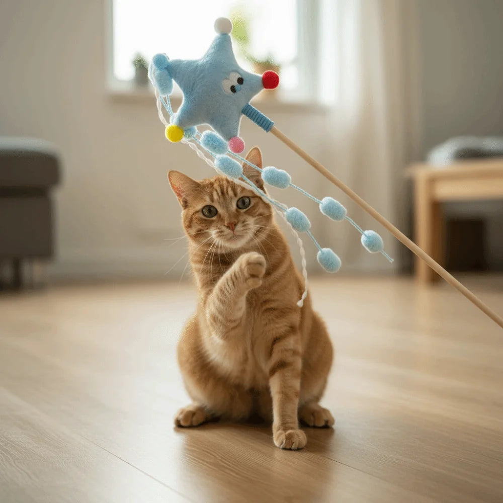 Engraçado Desenho Animado Estrelas Gato Varinha Moons Sonoro Gato Provocando Polo com Borlas Cabo Longo Pet Teaser Aliviando o Tédio