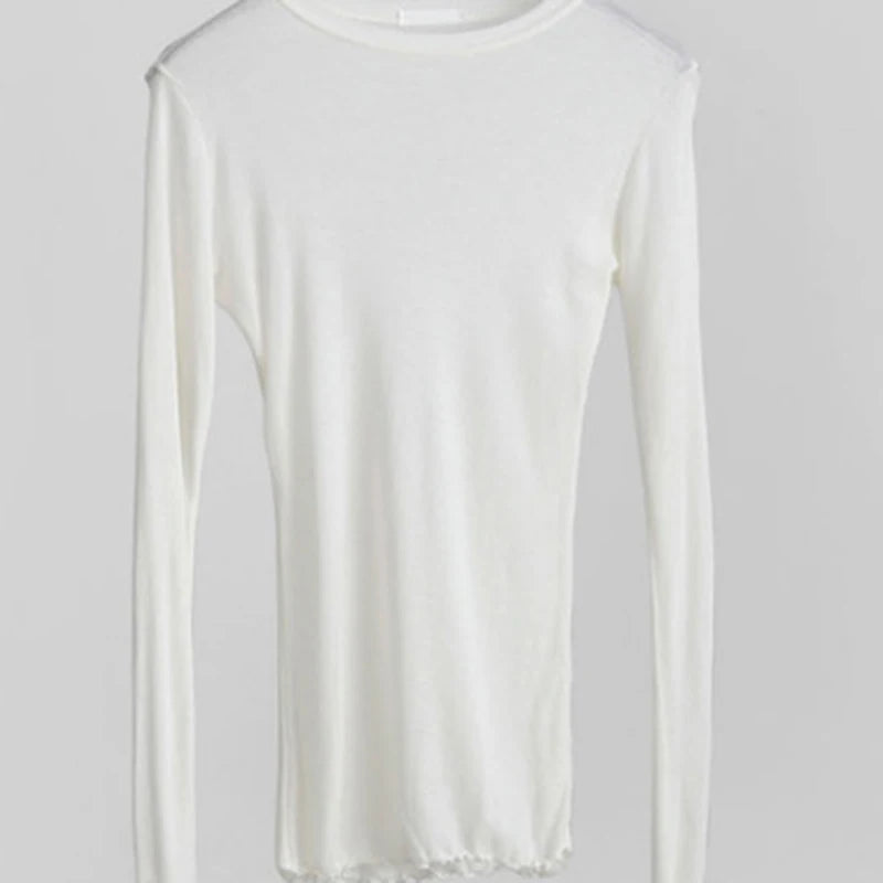 High Quality Plain T Shirt Women Cotton Elastic Basic T Shirts Female Casual Tops Long Sleeve Sexy Thin T Shirt See Through - GRAY L
