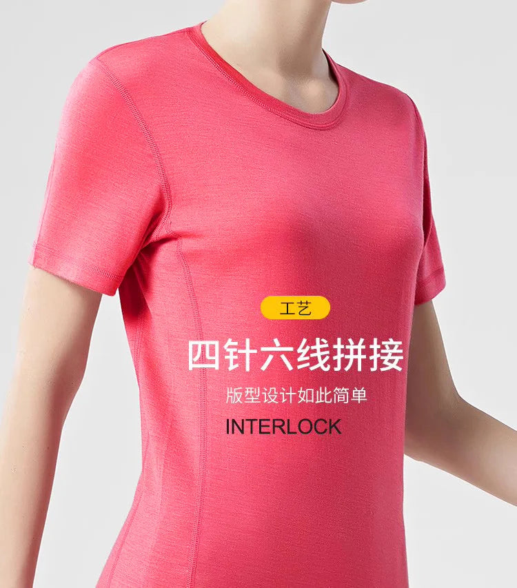 Camiseta Feminina de Lã Merino Manga Curta Gola Redonda Camada Base Próxima à Pele Roupas Esportivas Secagem Rápida - 16.6micro200GSM G (Tórax 96cm)