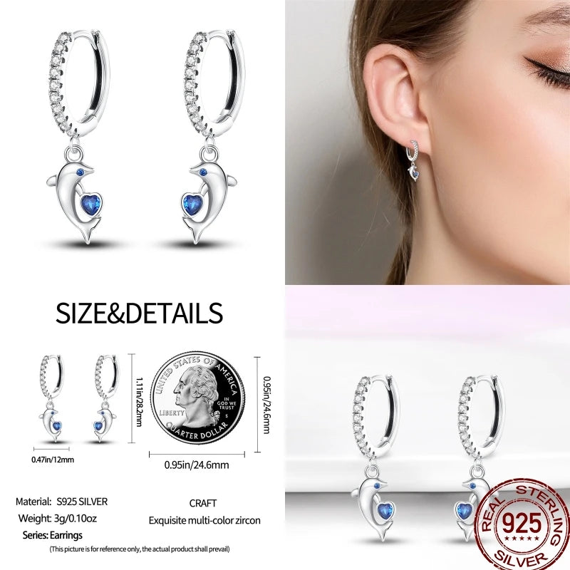 Brinco Feminino de Prata Esterlina 925 com Charm da Série Céu Estrelado Lua Universo Zircônia Brilhante Azul Joia para Uso Diário
