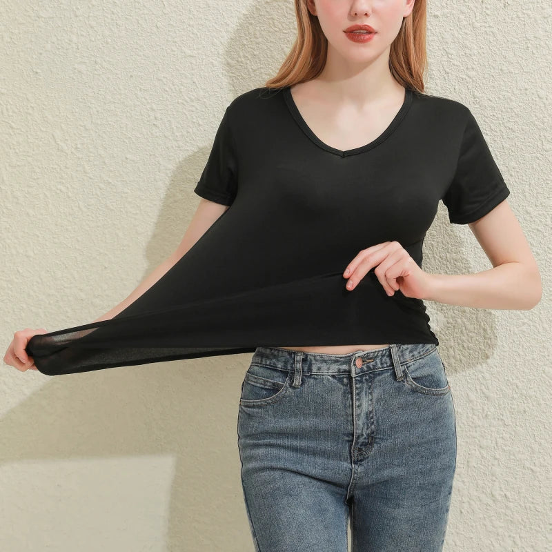 Solid Women Cotton T Shirt V Neck Short Sleeve Female Tee Slim White And Balck T Shirt Casual Solid Lady Tshirt Tops - White V-Neck M