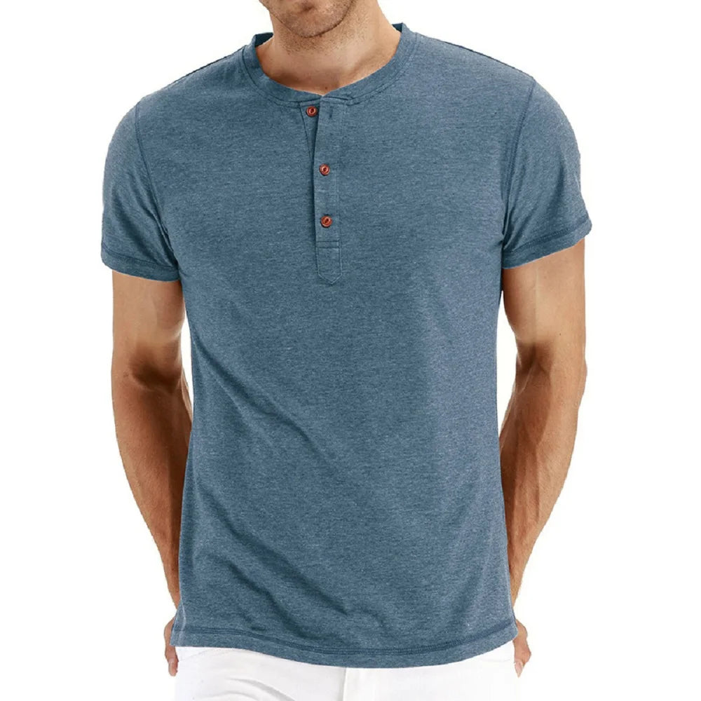 Camiseta Masculina Algodão de Qualidade Gola Henley Design de Moda Slim Fit Cor Sólida Tops Masculinos Camisetas Manga Curta Para Homens