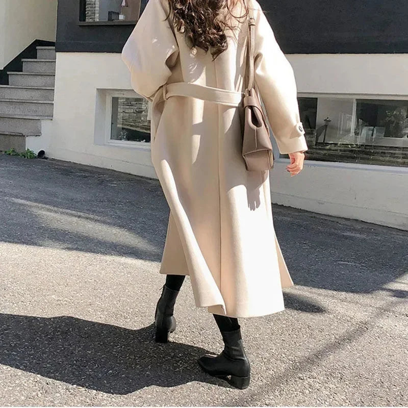 2025 Outono/Inverno Novo Casaco Feminino de Lã Coreano Solto Jaqueta Fina Temperamento com Cinto Casaco Longo de Lã Grosso Feminino