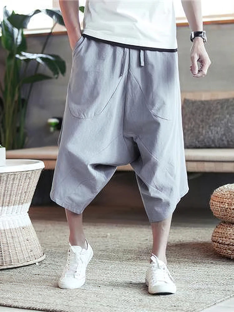 Shorts Casuais Masculinos de Verão Finos de Praia em Algodão Linho Japoneses de Perna Larga Folgados Capris Calças Masculinas Esportivas de Corrida 2025 Novo