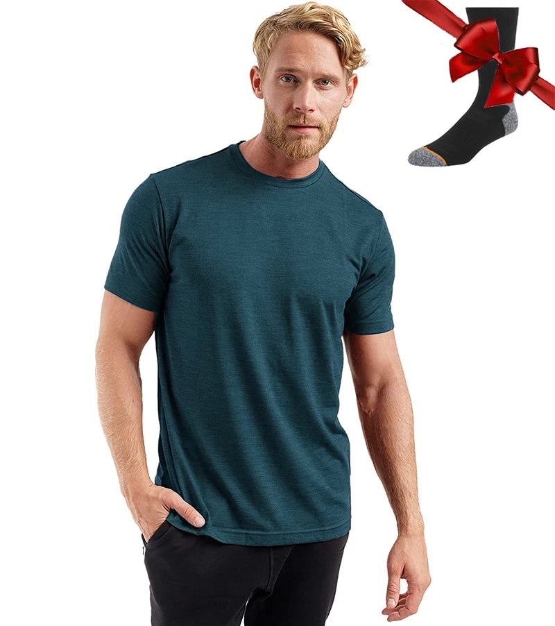 Camiseta Masculina 100% Lã Merino Super Fina Camada Base de Lã Merino que Absorve a Umidade Respirável de Secagem Rápida Antiodor + Meias de Lã Merino