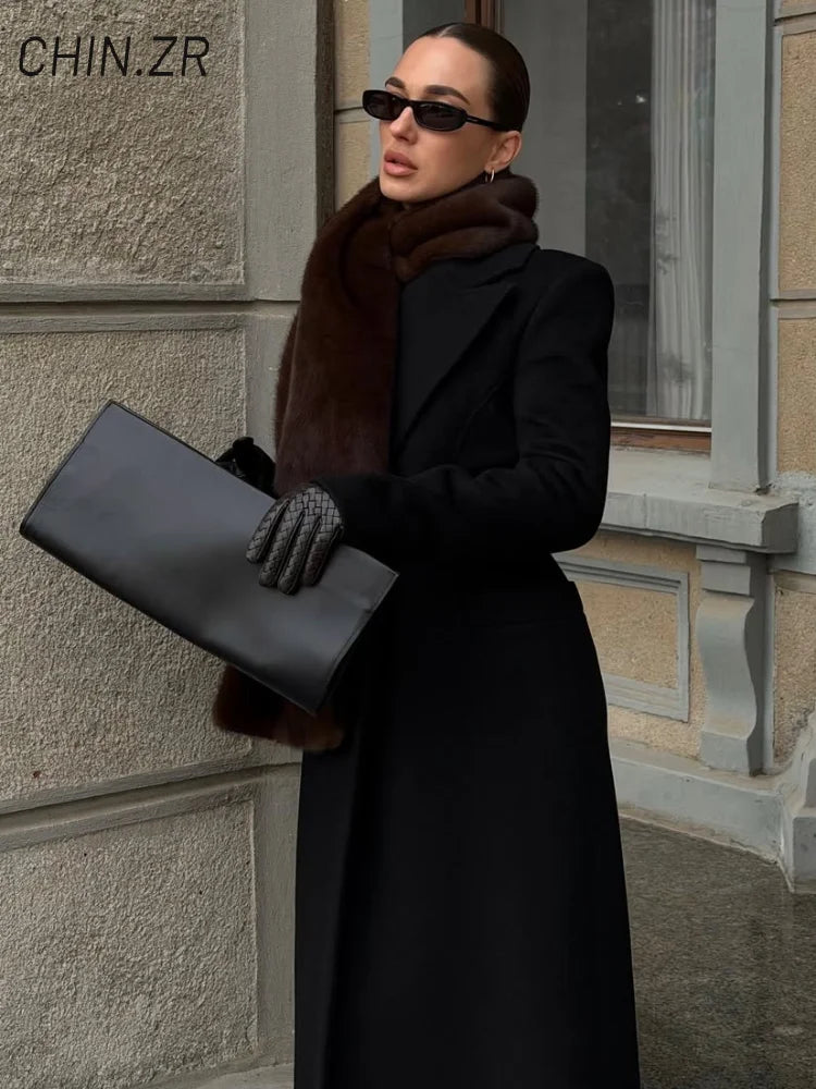Street Cinched Waist Long Woolen Coat For Women Shoulder Pads Stand Collar Pocket Overcoats 2026 Spring Lady Commute Outwear New - Only scarf L