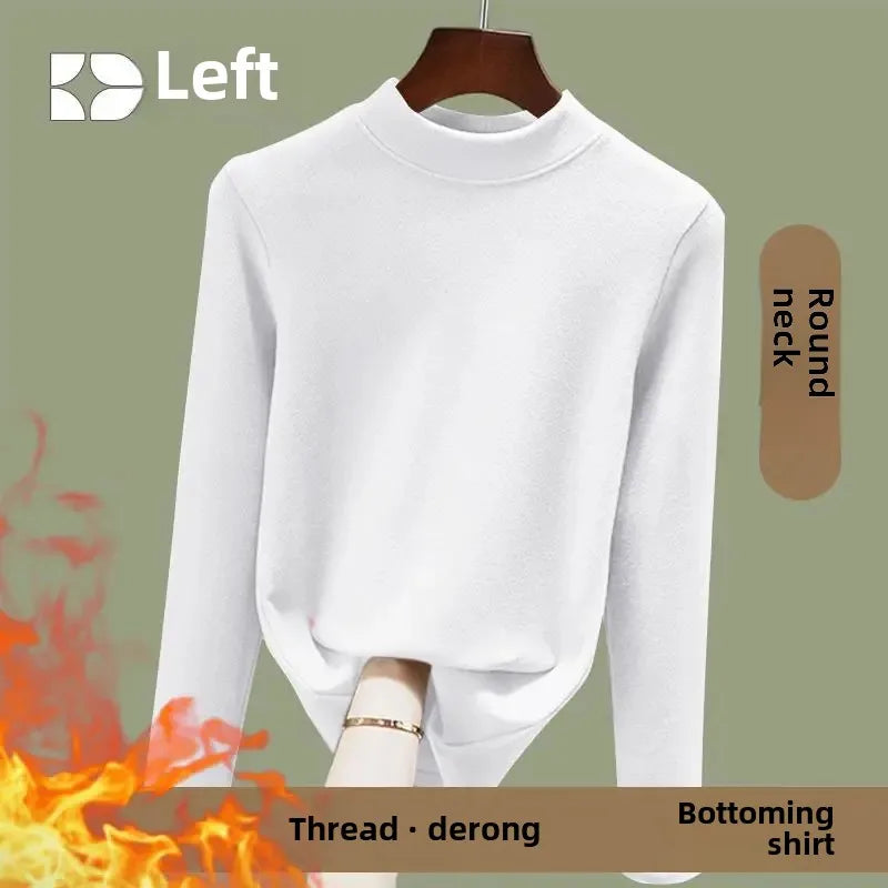 Warm Long Sleeve Crew Neck T Shirt Fashionable Spring Commute Thermal Base Layer Shirt Single Dual Threaded Velvet Polyester Fib - L ([recommended 50.00 kg-57.50 kg]) Elegant green [A046 single piece]]