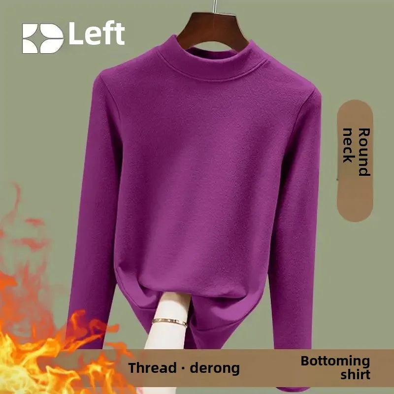Camiseta Térmica de Manga Comprida Gola Redonda Blusa de Inverno Camisa de Base Camisa Térmica de Fio Duplo de Veludo Poliéster Fib - G ([recomendado 50.00 kg-57.50 kg]) Verde elegante [A046 peça única]]