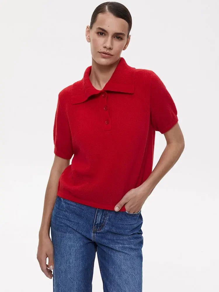 Suéter de malha feminino de manga curta casual com lapela patchwork transparente e vazado para o dia a dia
