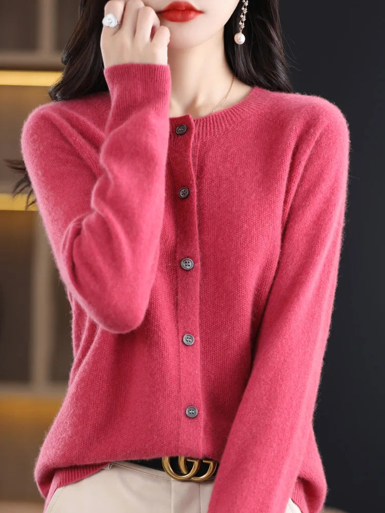 2024 Novo Cardigan Básico Chique Feminino Gola Redonda Suéter de Lã Merino Macio Roupa de Malha Elegante Casaco Primavera Outono Roupas Femininas Tops - Vermelho Shumei XXL