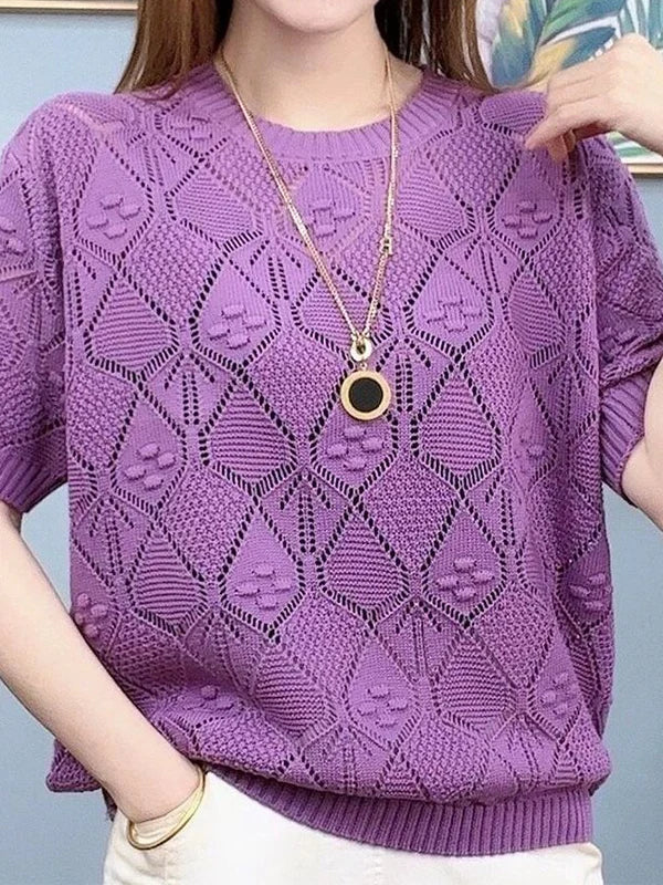 Camiseta Feminina Solta de Tricô Efeito Emagrecedor em Seda Gelada Manga Curta Verão Fina Moda Casual Vazada Decorada Co...