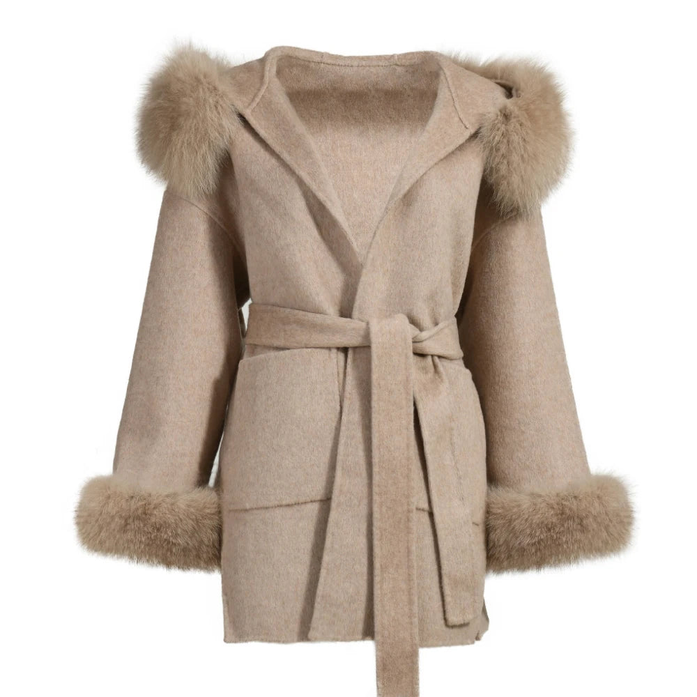 Jxwatcher Casaco de Lã e Misturas de Moda, Comprimento Médio, Jaqueta de Cashmere com Capuz, Gola e Punhos de Pele de Raposa 100% Real, Casaco de Inverno para Mulheres