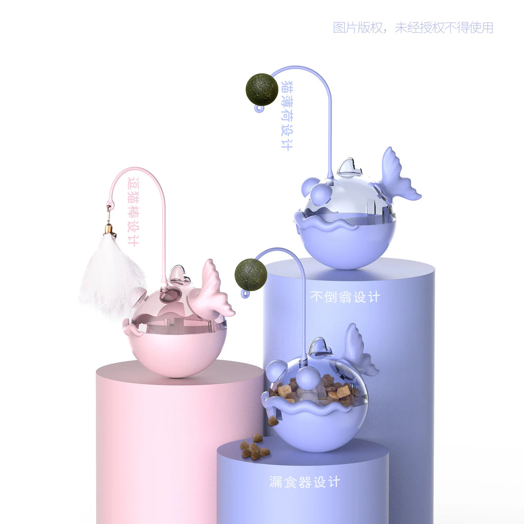 Brinquedo para Gatos Dispensa Comida Tumbler - Bolinha com Penas, Sino e Catnip com Design de Tamboril para Limpeza dos Dentes e Lambedura, Brinquedo Interativo para Gatos
