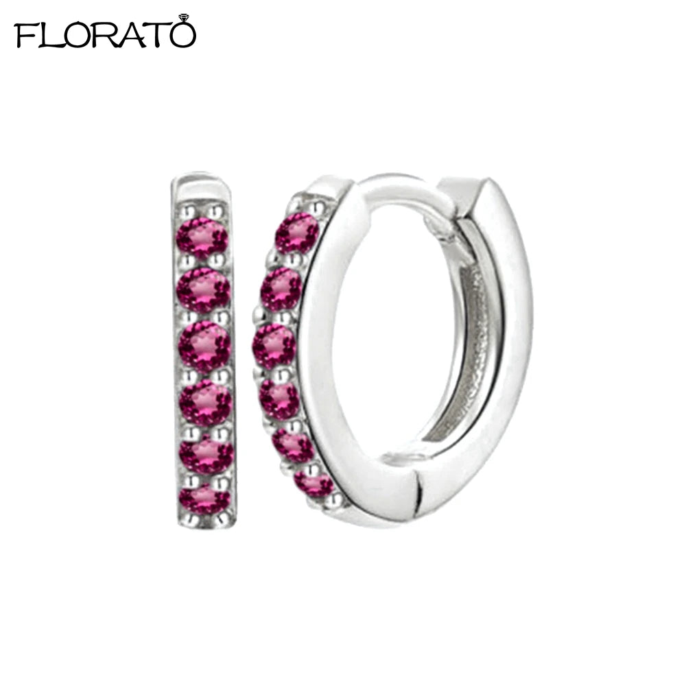 Brincos de Argola Pequenos de Prata 925 com Agulha de Cristal de 9mm para Mulheres Brincos Huggie Minimalistas Brincos de Piercing com Zircônia Colorida Joias