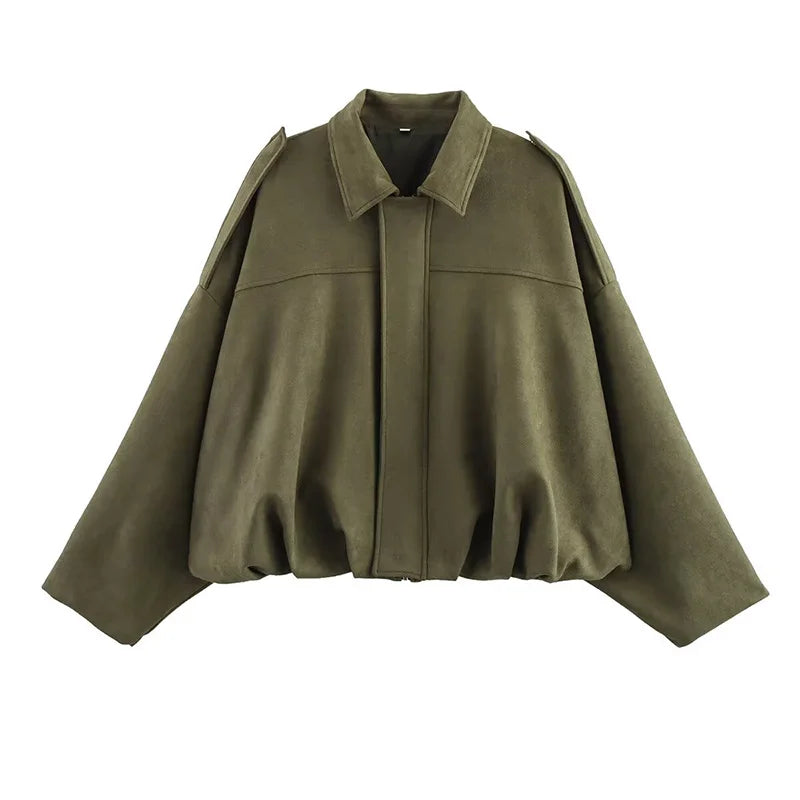 Casacos Bomber Femininos Casacos da Moda Gola Virada Manga Longa Casacos Largos Vintage Feminino Casacos Chiques Tops