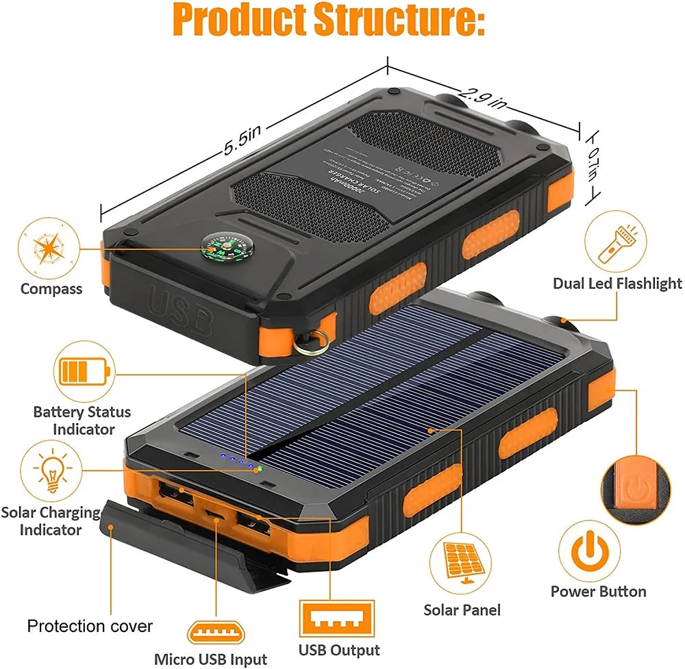Solar Power Bank 100000mAh Portable Charging Strong LED Light