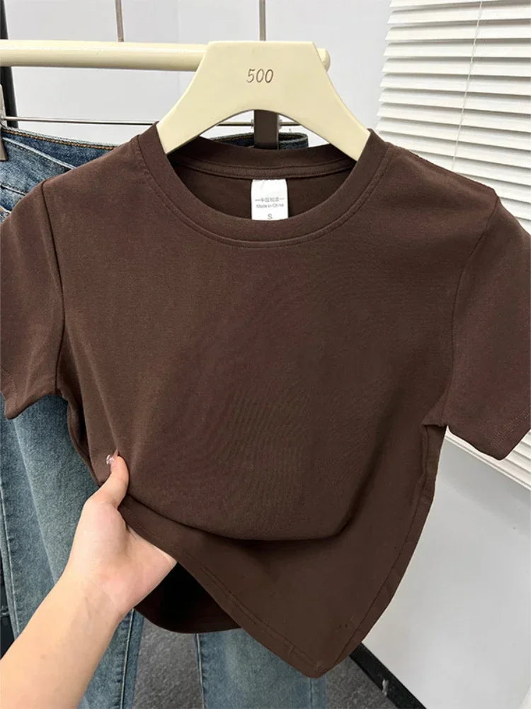 2026 Verão Nova Camiseta Casual de Alta Qualidade Sexy Manga Curta Tendência da Moda Sólida Roupa Feminina Blusas Y2k