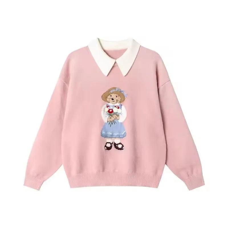 Suéter Feminino de Tricô com Urso Bordado Estilo Francês de Luxo para Mulheres Blusas Casuais de Malha Suéter Pull Femme