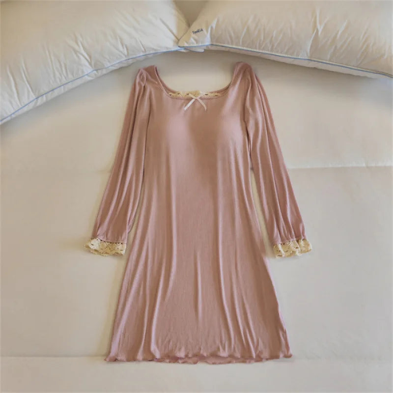 Pijama Feminino Vestido para Descansar com Bojo Camisola Manga Longa Outono Inverno Roupa de Dormir Modal Macio Camisola Feminina