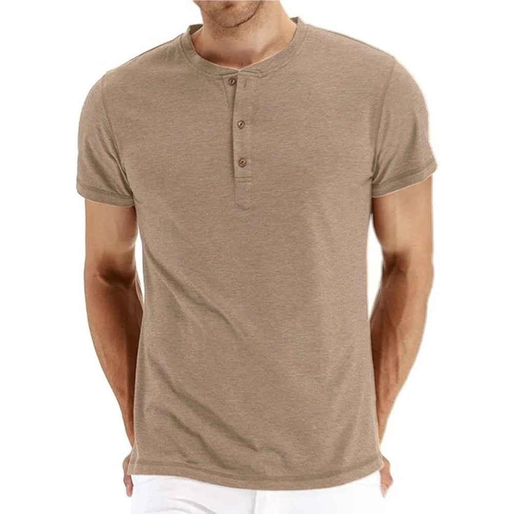 Camiseta Masculina Algodão de Qualidade Gola Henley Design de Moda Slim Fit Cor Sólida Tops Masculinos Camisetas Manga Curta Para Homens