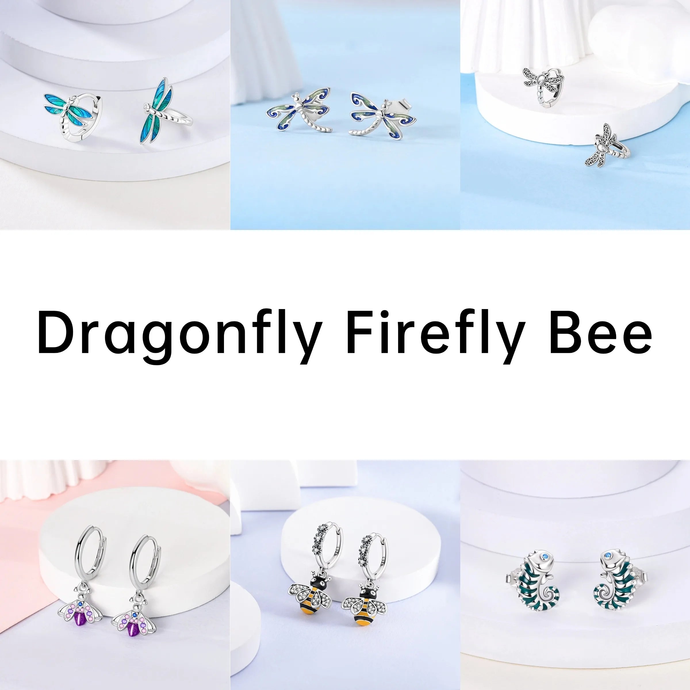Lucky Clover Earrings 925 Silver Original Zircon Butterfly Dragonfly Chameleons Bee Flower Earrings For Women Jewelry Gift
