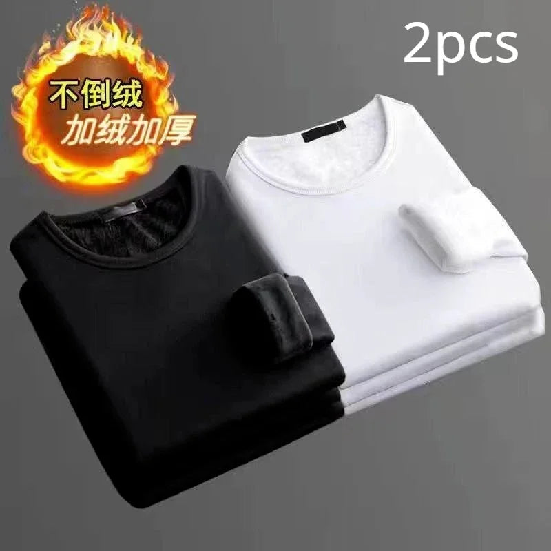 2 Peças Cueca Masculina Inverno Camiseta Térmica de Manga Comprida Acolchoada de Veludo Gola Redonda Cor Sólida Blusa de Baixo Fina