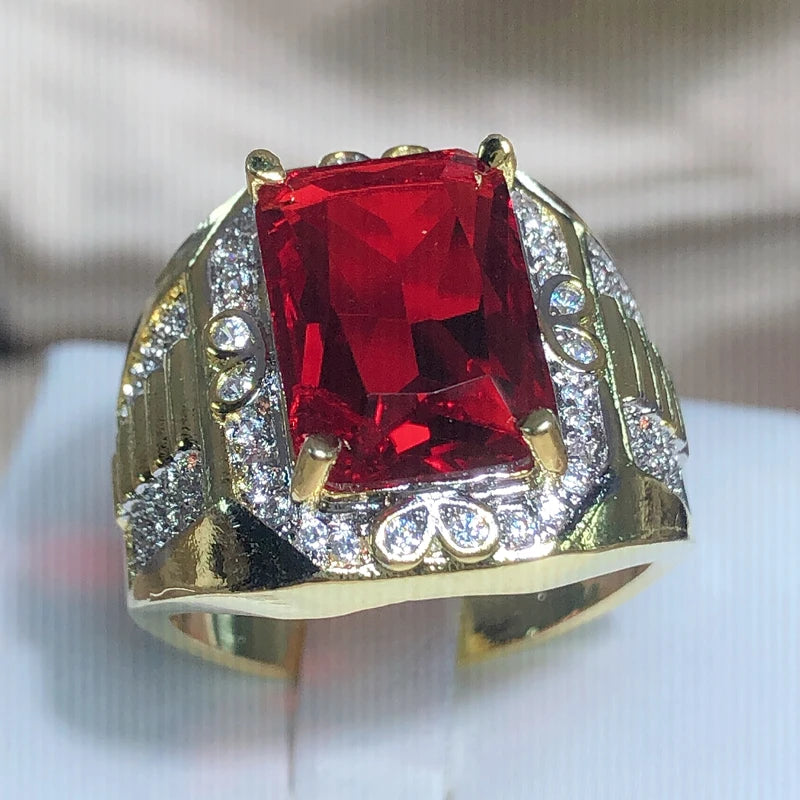 Anel King Vintage Cheio a Ouro Zircônia Cúbica AAAAA Vermelha Zircão Luxo Noivado Joias Anéis Casamento Para Homens Anel de Dedo Festa Rock