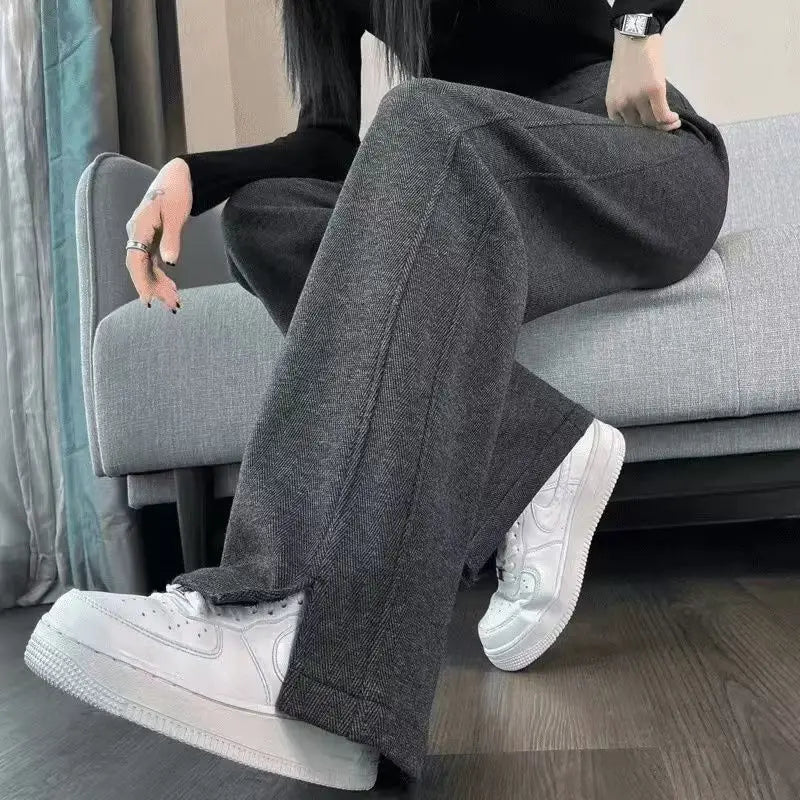 Calça Feminina Cintura Alta Perna Larga Casual Reta Forrada com Lã Grossa Calças Outono Inverno Novo Estilo da Moda