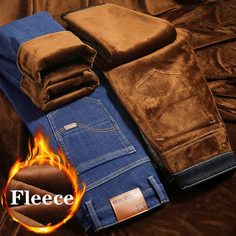 Marca Outono Inverno Quente Flocking Denim Macio Homem Atividades Forro de Lã Calça Jeans Masculina Preto Azul Cinza Cores