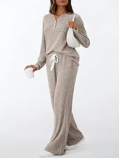 Women's Ribbed Knit Loungewear Set: Henley V-Neck Top Drawstring Wide Leg Pants