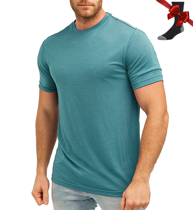 Camiseta Masculina 100% Lã Merino Super Fina Camada Base de Lã Merino que Absorve a Umidade Respirável de Secagem Rápida Antiodor + Meias de Lã Merino