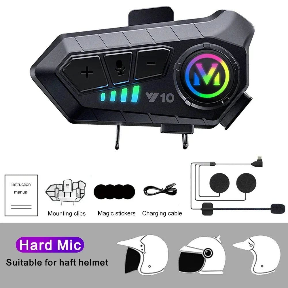 Y10 Fone de Ouvido Bluetooth 5.3 para Capacete de Moto com Luzes Coloridas Fone de Ouvido Sem Fio Impermeável Fone de Ouvido Mãos-Livres Impermeável