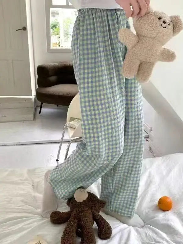 Cotton Wide Leg Pants Womens Summer Thin New Home Sleepwear Casual Loose Bf Lazy Style Straight Cut Loose Fit High Waist 1 - One size fits all 35-60kg Blue plaid